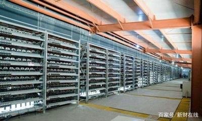 A vast cryptocurrency mining farm with rows of ASIC miners operating efficiently