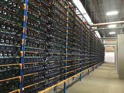 A bustling green mining farm powered by renewable energy, showcasing rows of efficient mining rigs