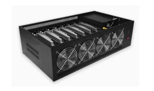 State-of-the-art Bitcoin mining rig powering through complex calculations
