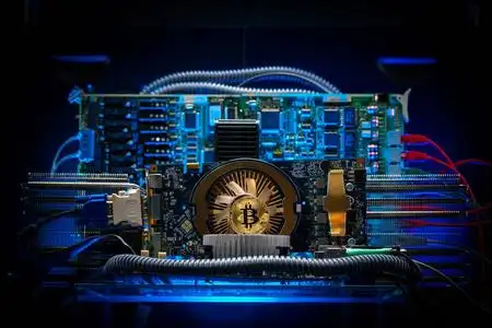 A close-up shot of a Bitcoin ASIC miner, highlighting its intricate circuitry.